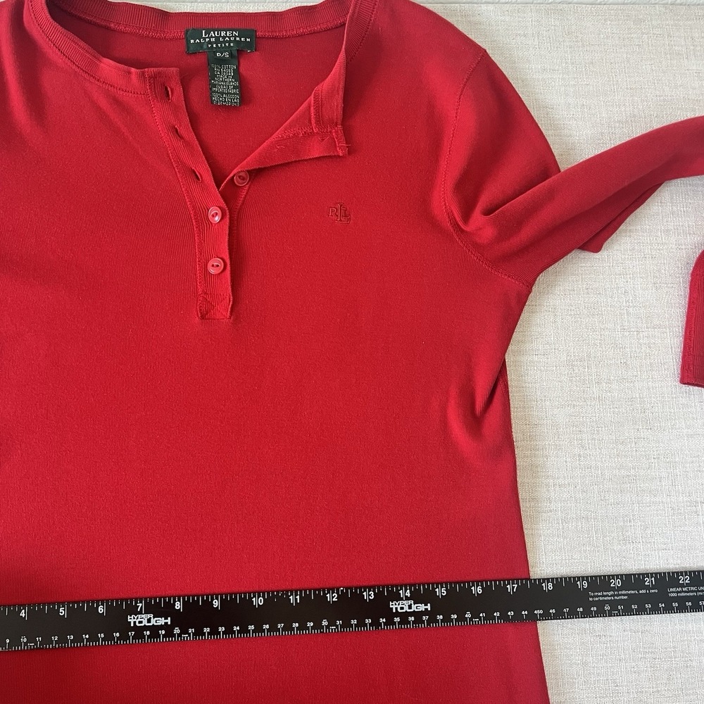 Lauren Ralph Lauren Petite Red Cotton Henley Midi Dress P/S Long Sleeve Logo - Picture 8 of 10